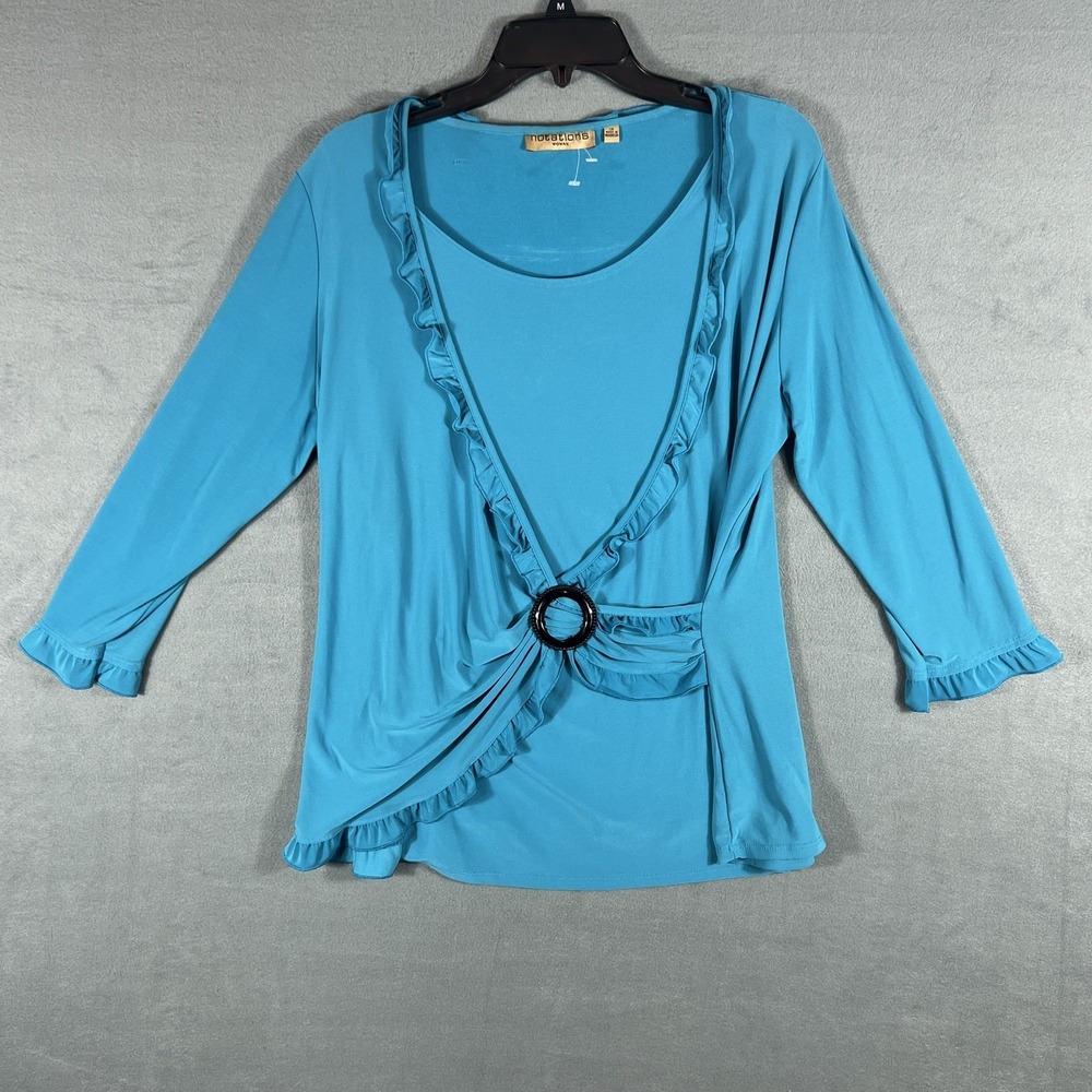 Notations Woman Teal Faux Wrap Ruffle Ring Top Plus Size 1X Long Sleeve Blouse